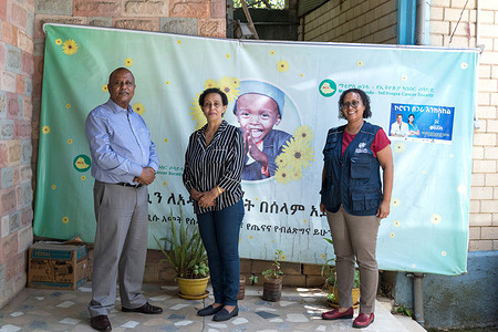 Wondu Bekele and his wife Amsale Beyene founders of Mathiwos Wondu Cancer Society are seen with WHO staff Loza Mesfin at the organization's compound in Addis Ababa. The story of https://www.afro.who.int/photo-story/quitter-fights-tobacco-use-ethiopia founder of Mathiwos Wondu Cancer Society